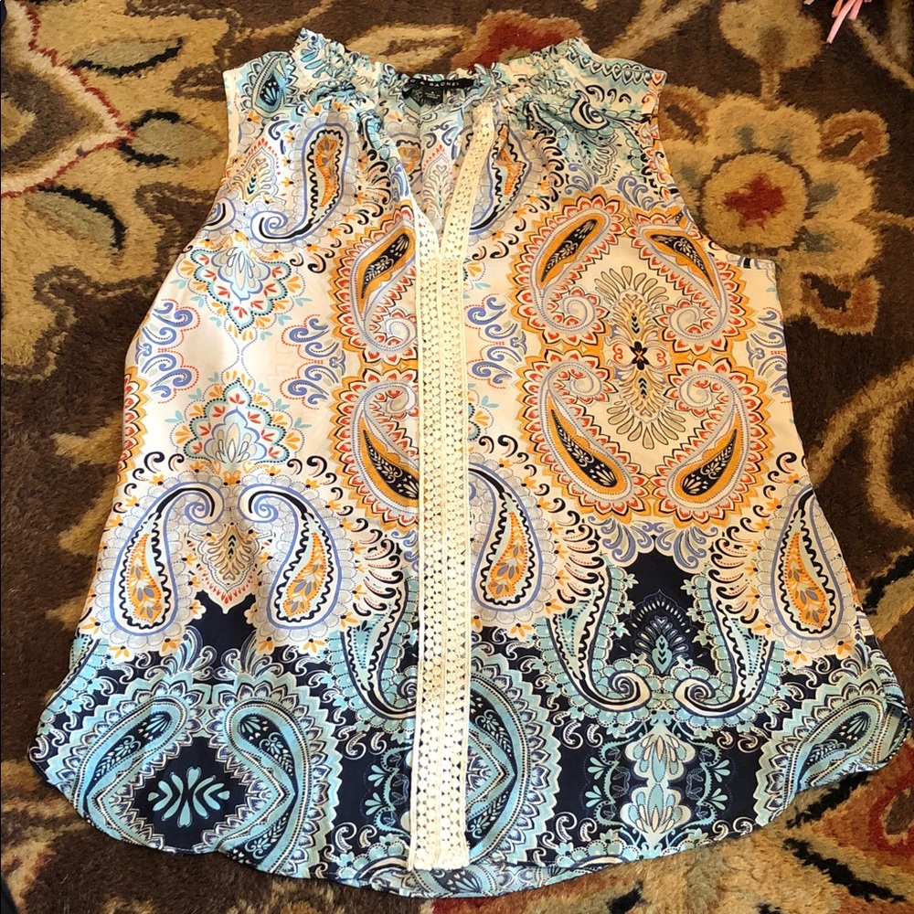 Sleeveless Paisley Print Blouse in Blue, Navy & Yellow